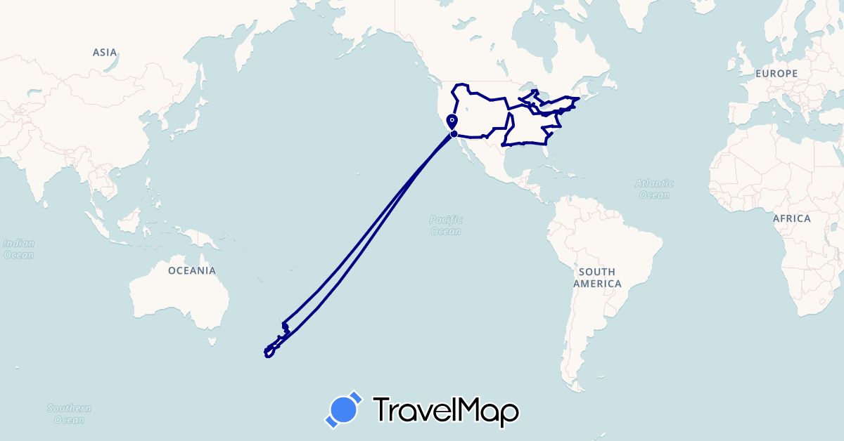 TravelMap itinerary: driving in Canada, New Zealand, United States (North America, Oceania)